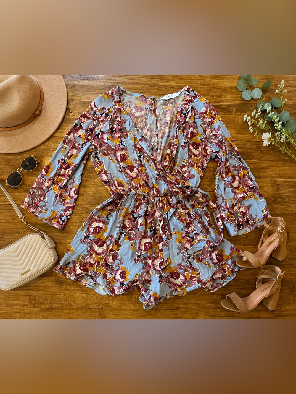 ASTR The Label Floral Wrap Romper Blue Multi Size Medium (y)